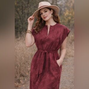 Vintage 70’s - Abe Schrader/ Faux Suede dress with sash belt notched neckline